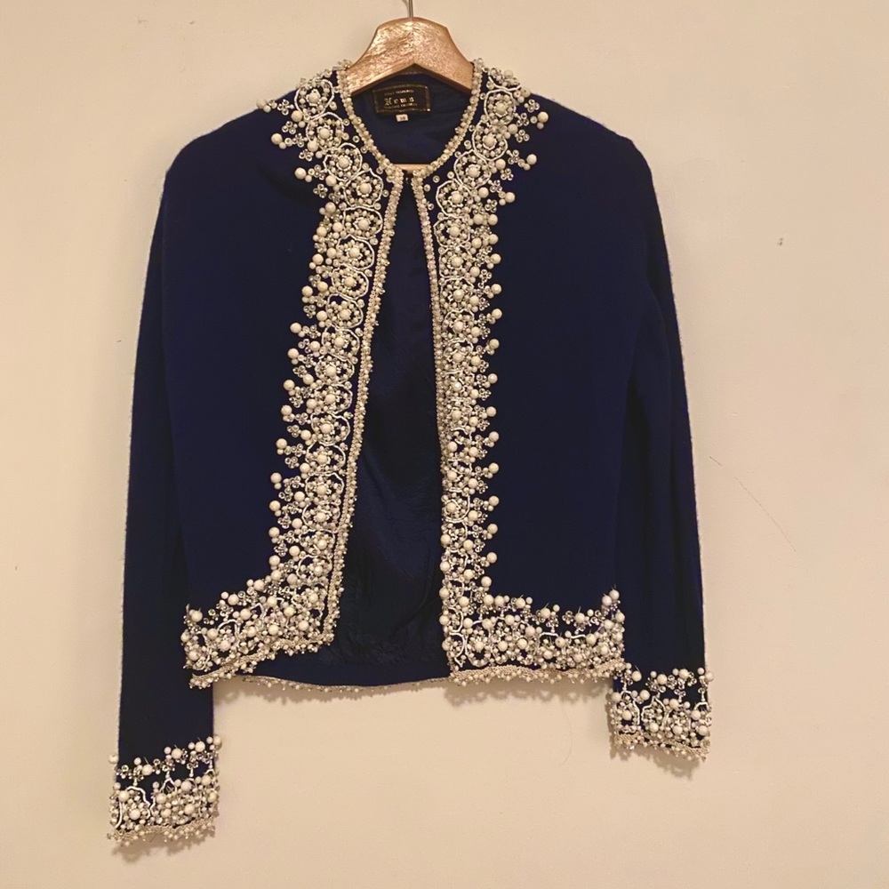 Hand beaded vintage navy blue sweater